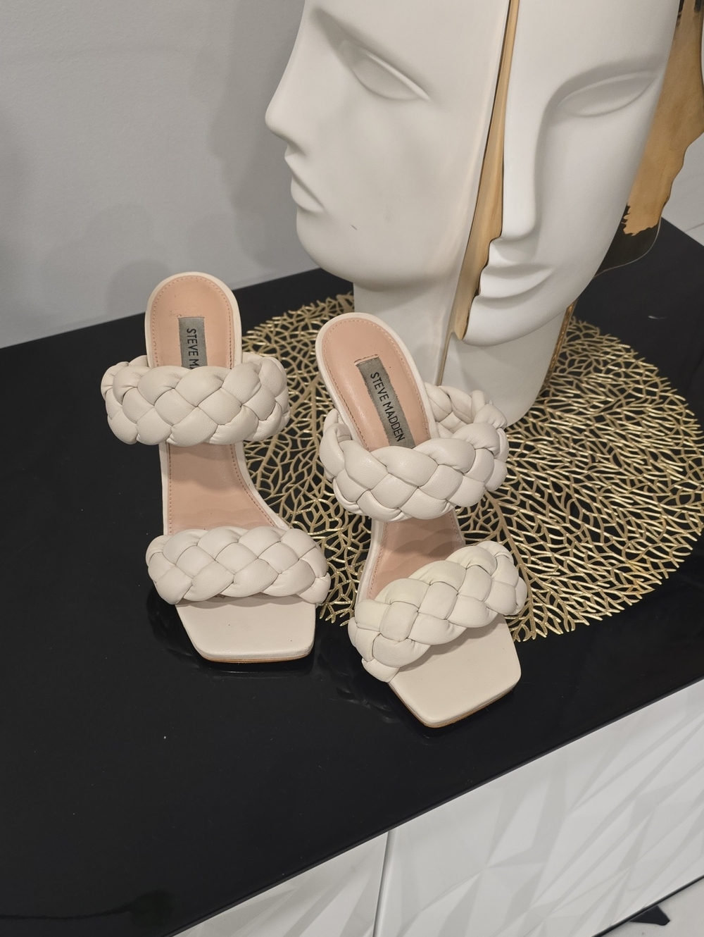Steve Madden Cream Braided Double-Strap Heeled Slides